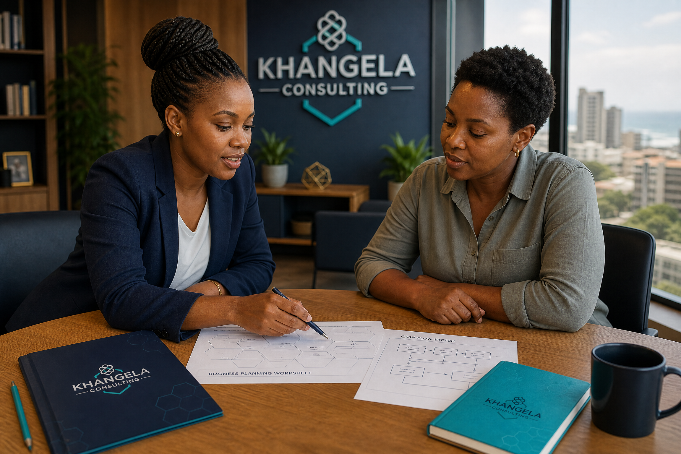 Business advisory consultation reviewing a planning worksheet