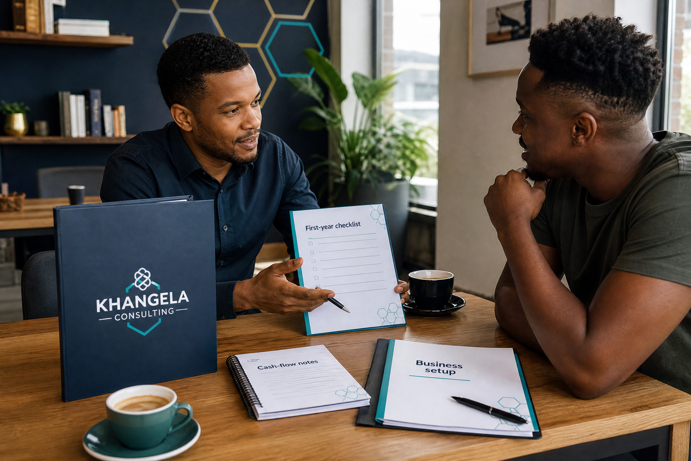 Consultant reviewing a first-year business setup checklist
