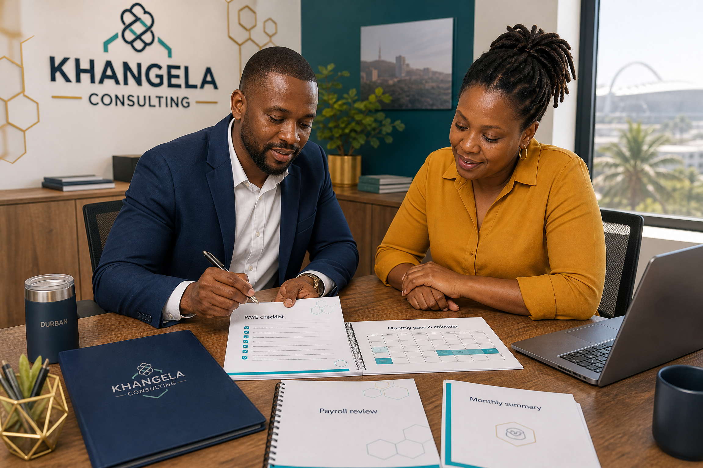 Consultant reviewing a PAYE checklist and payroll calendar