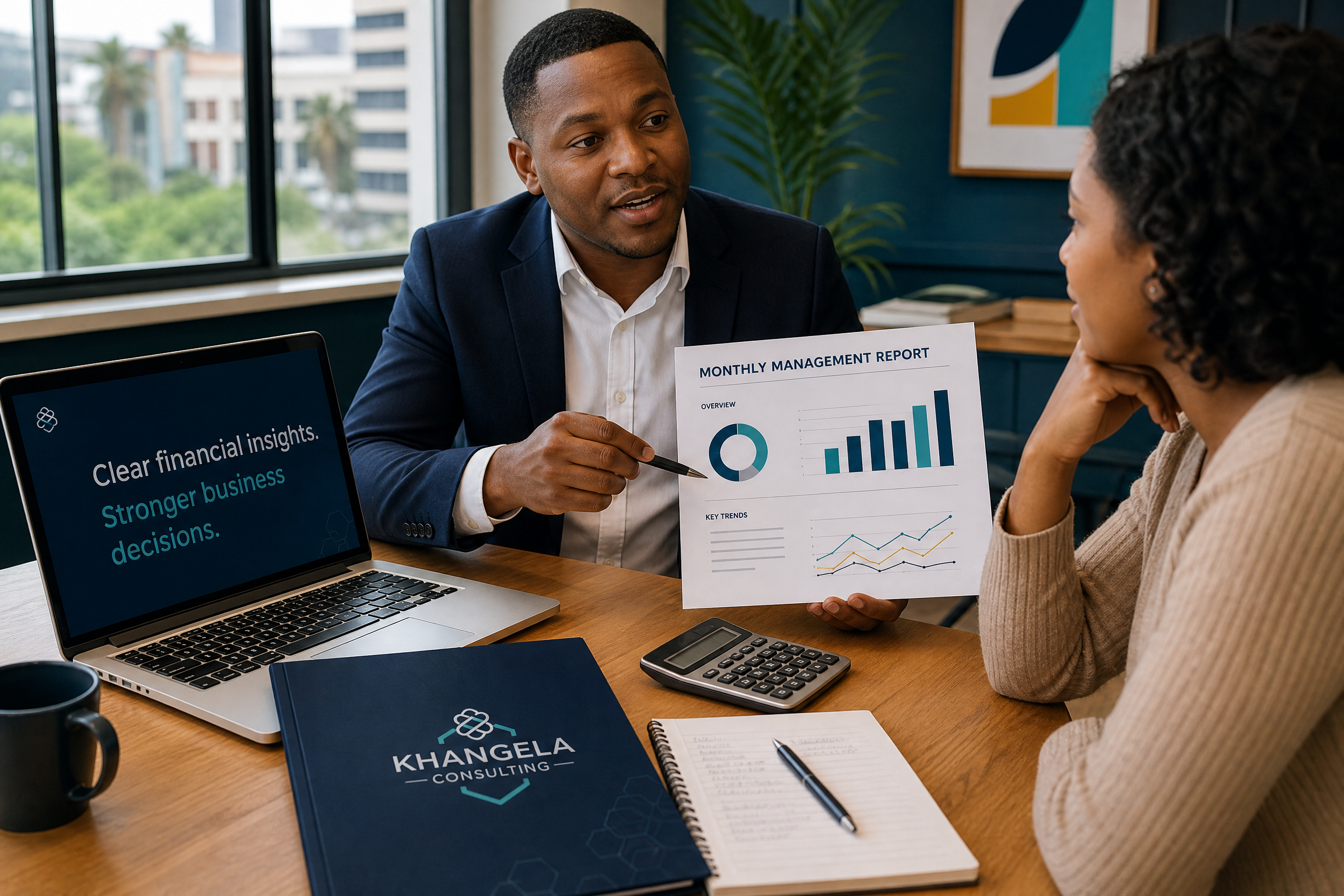 Consultant presenting a generic financial report to a small business owner